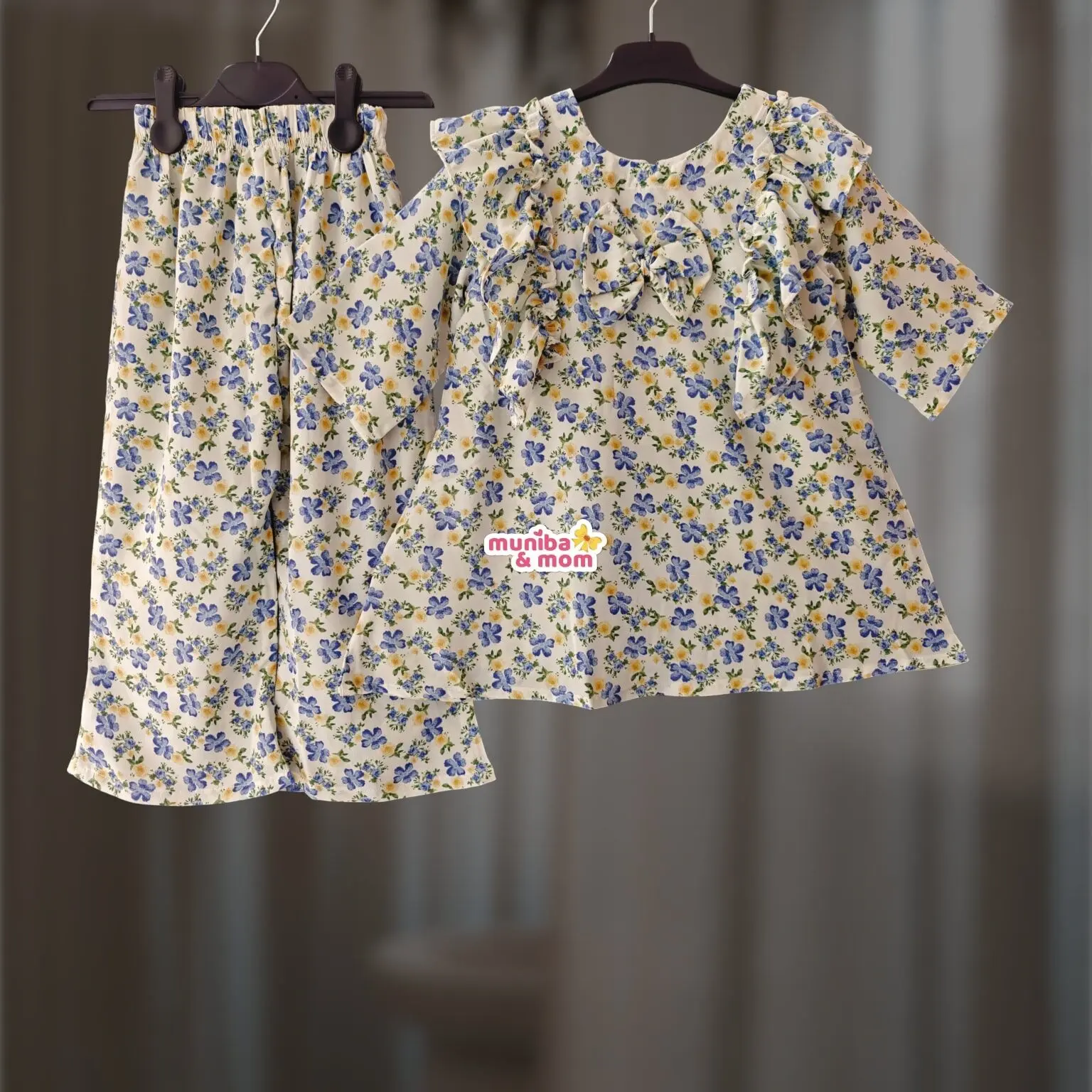 White Blue Soft Mimosa Georgette Top-set 2-14y (M5T7)