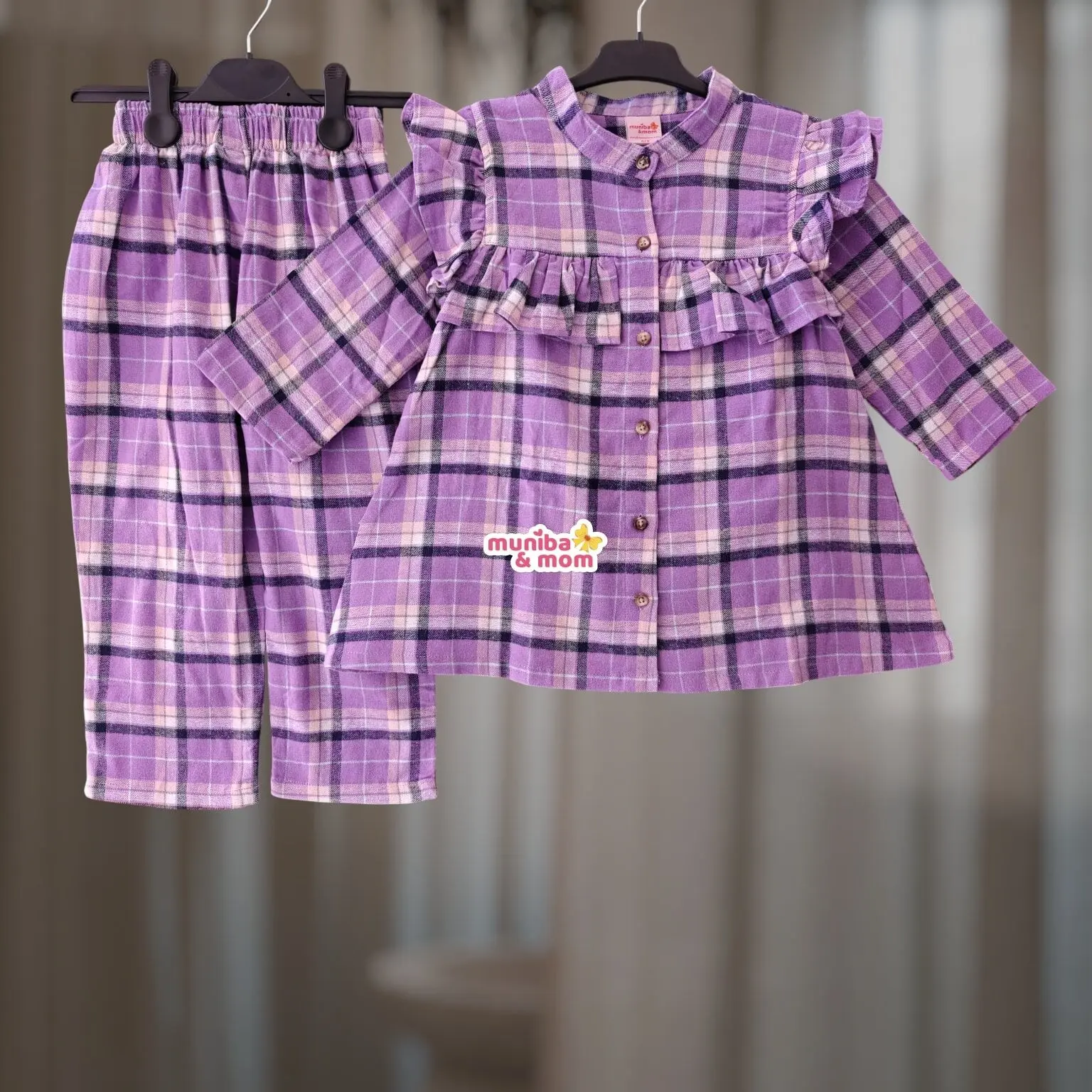 Purple Check Cotton Flannel Top-set 2-12y (M8T5)