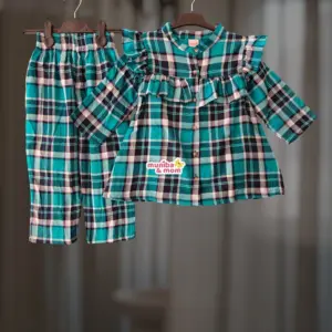 Sea Green Check Cotton Flannel Top-set 2-12y (M8T7)