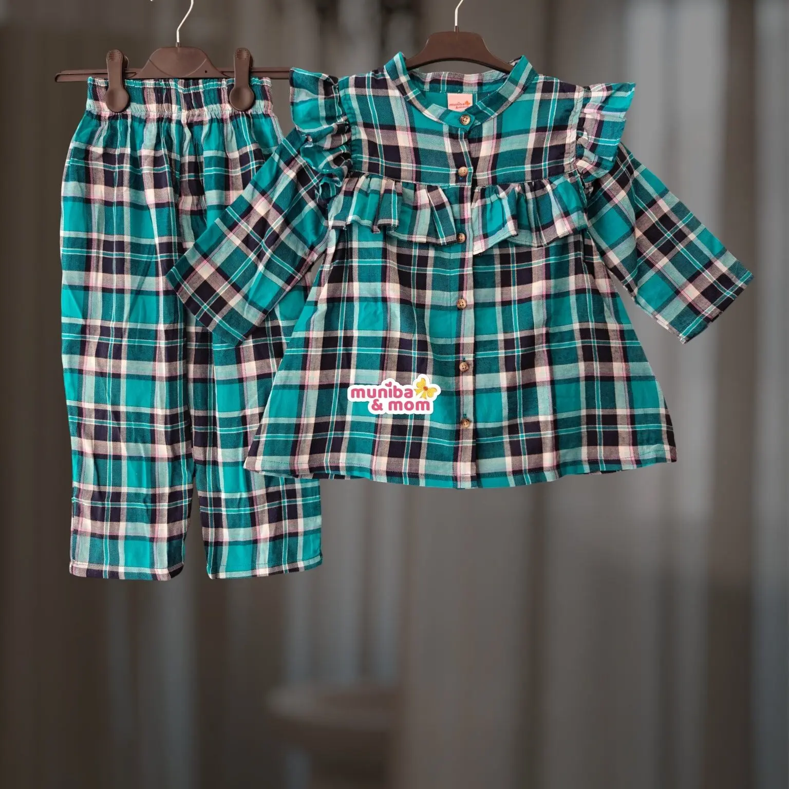 Sea Green Check Cotton Flannel Top-set 2-12y (M8T7)
