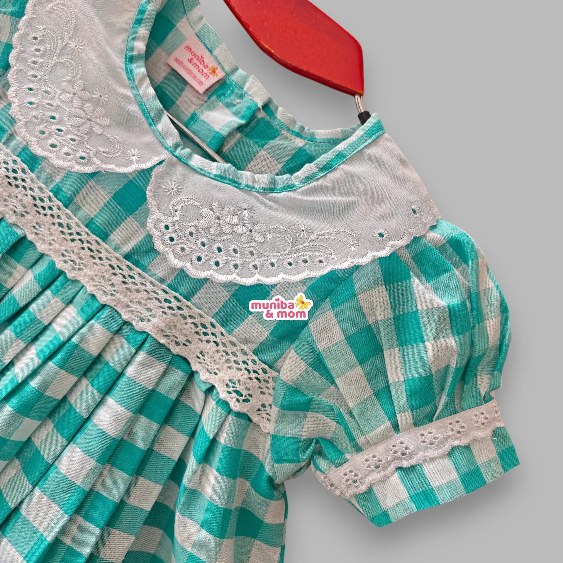 Aqua White Check Premium Cotton Frock CC94T1 - Image 2