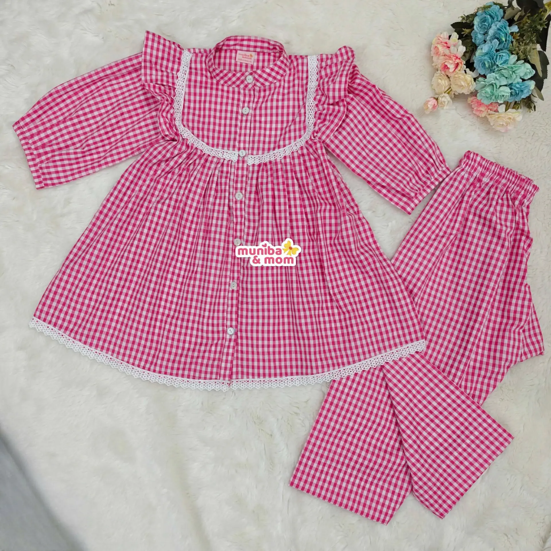 Pink Check Premium Cotton Frock-Pant set CC118T1