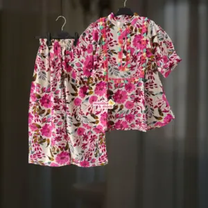 Pink floral linen Top-pant set CL53T1