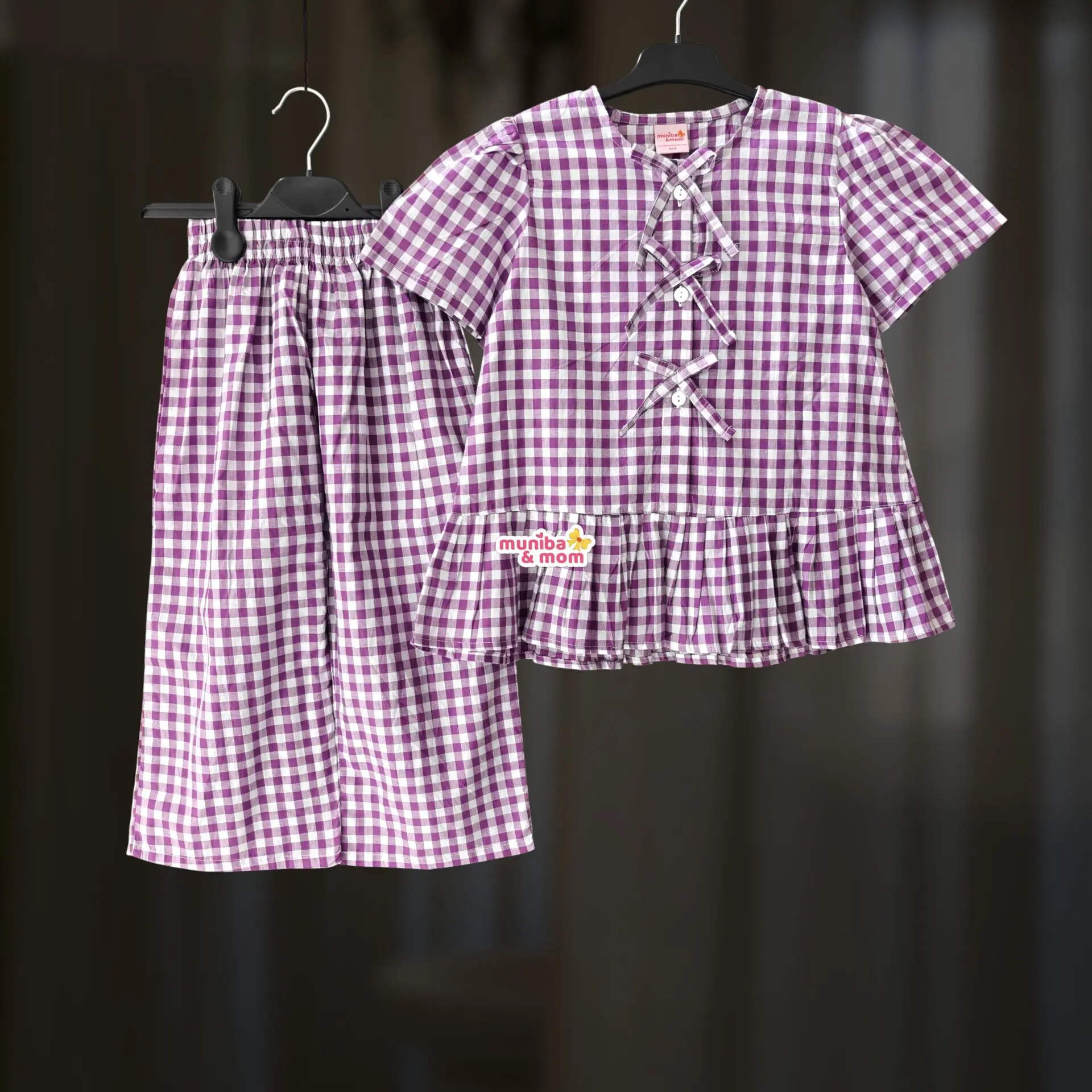 Purple check cotton top-set M13T1