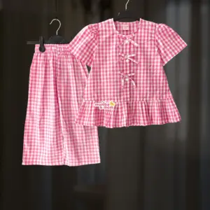 Pink check cotton top-set M13T3