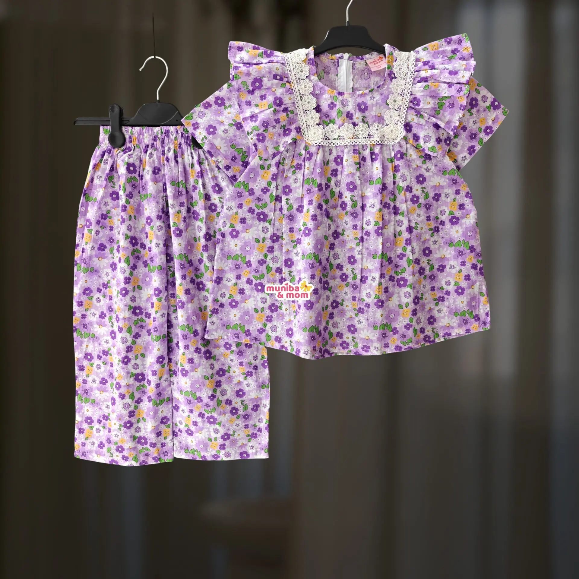 Lavender floral cotton top-pant set M15T3