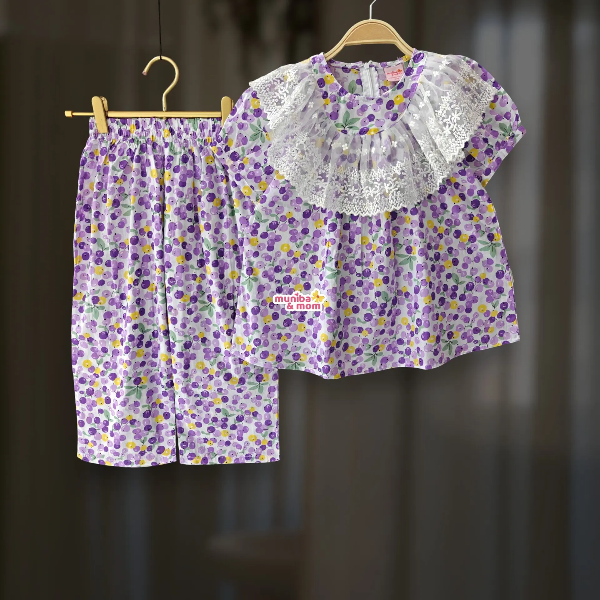 Purple cherry cotton top-pant set M16T1