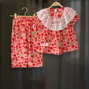 Cream red cotton top-pant set M16T2