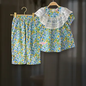 Sky yellow floral cotton top-pant set M16T3