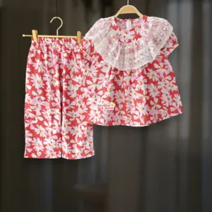 Red floral cotton top-pant set M16T4
