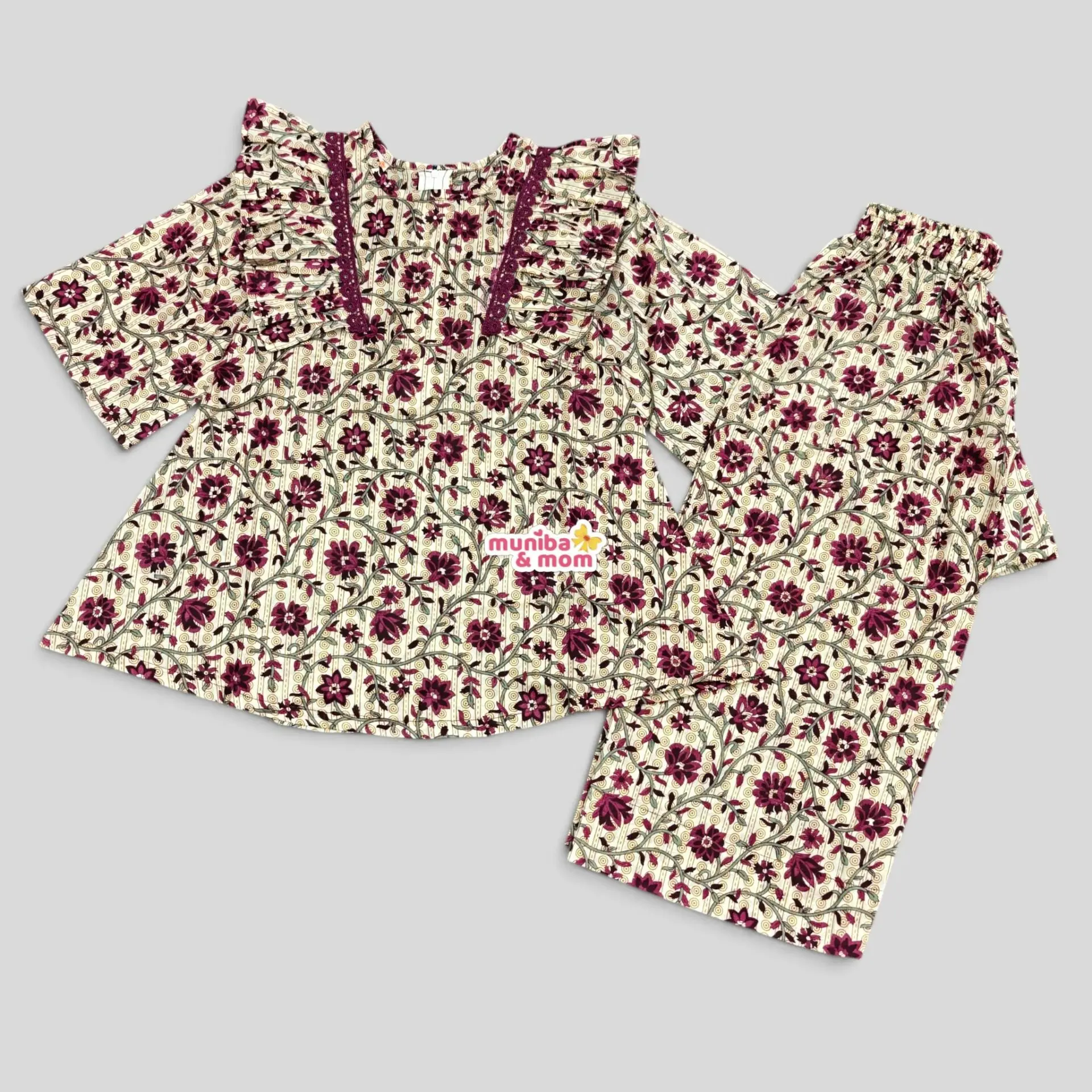 burgundy floral Pure Cotton Top Set PC228T2