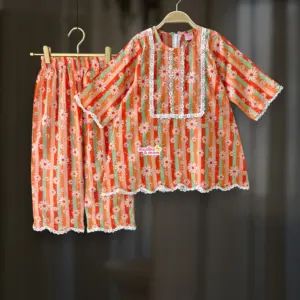Orange floral cotton tunic-plazzo set M17T1
