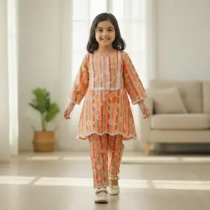 Orange floral cotton tunic-plazzo set M17T1