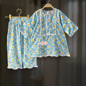 Blue floral cotton tunic-plazzo set M17T2
