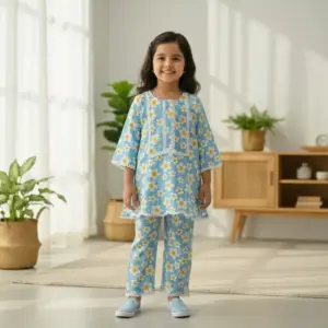 Blue floral cotton tunic-plazzo set M17T2