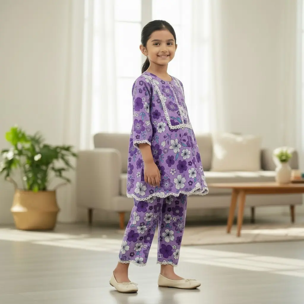 Purple floral cotton tunic-plazzo set M17T3