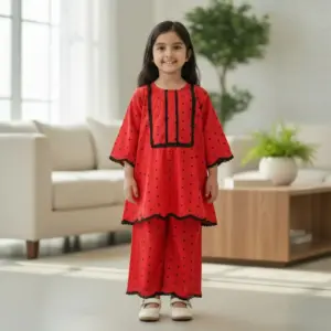 Red polka cotton tunic-plazzo set M17T4