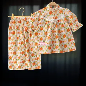 Orange-white cotton top-pant set M22T3