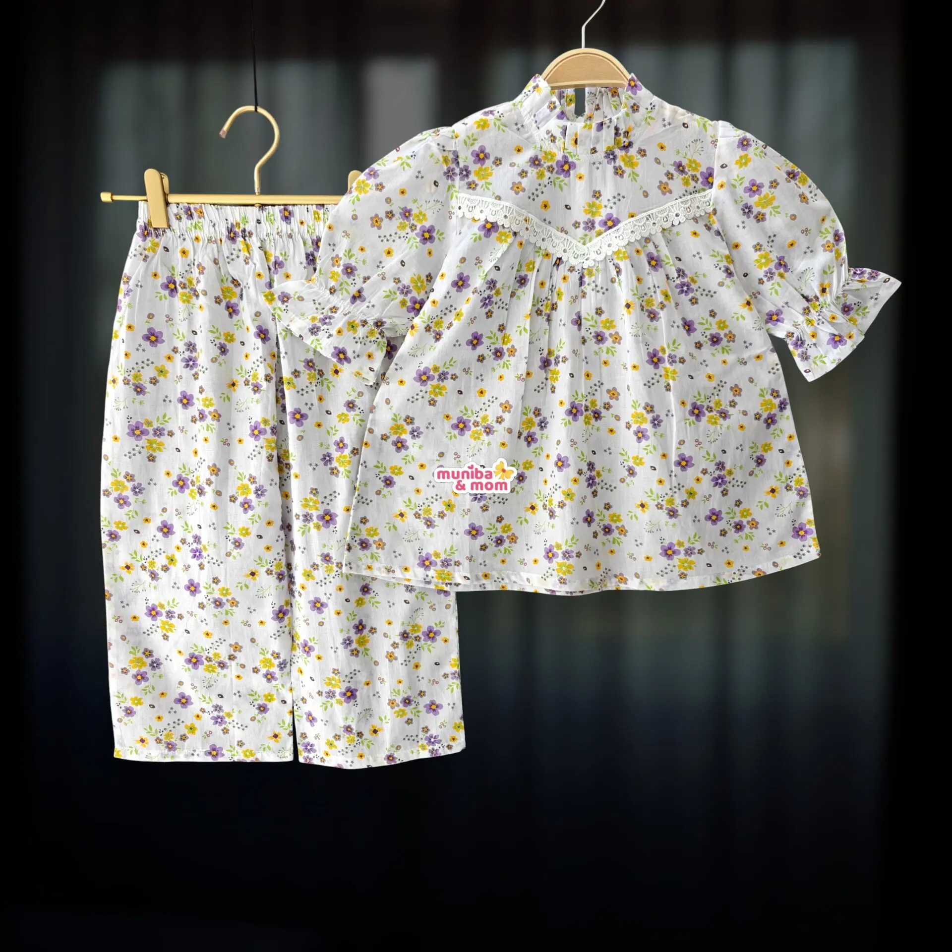 White-purple cotton top-pant set M22T4
