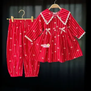 Red Pookie Flannel Cotton Frock Pant Set FL76T3