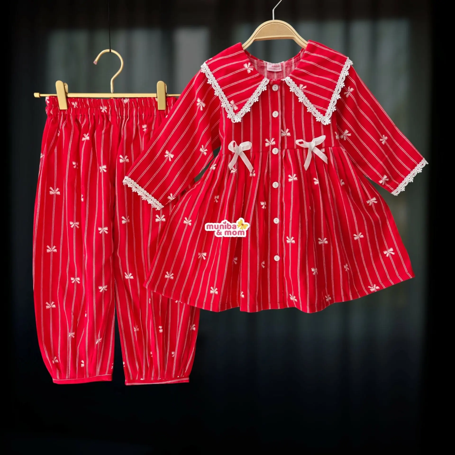 Red Pookie Flannel Cotton Frock Pant Set FL76T3