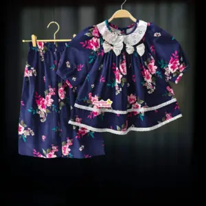 Navy Rose Flannel Cotton Frock Pant Set FL77T3
