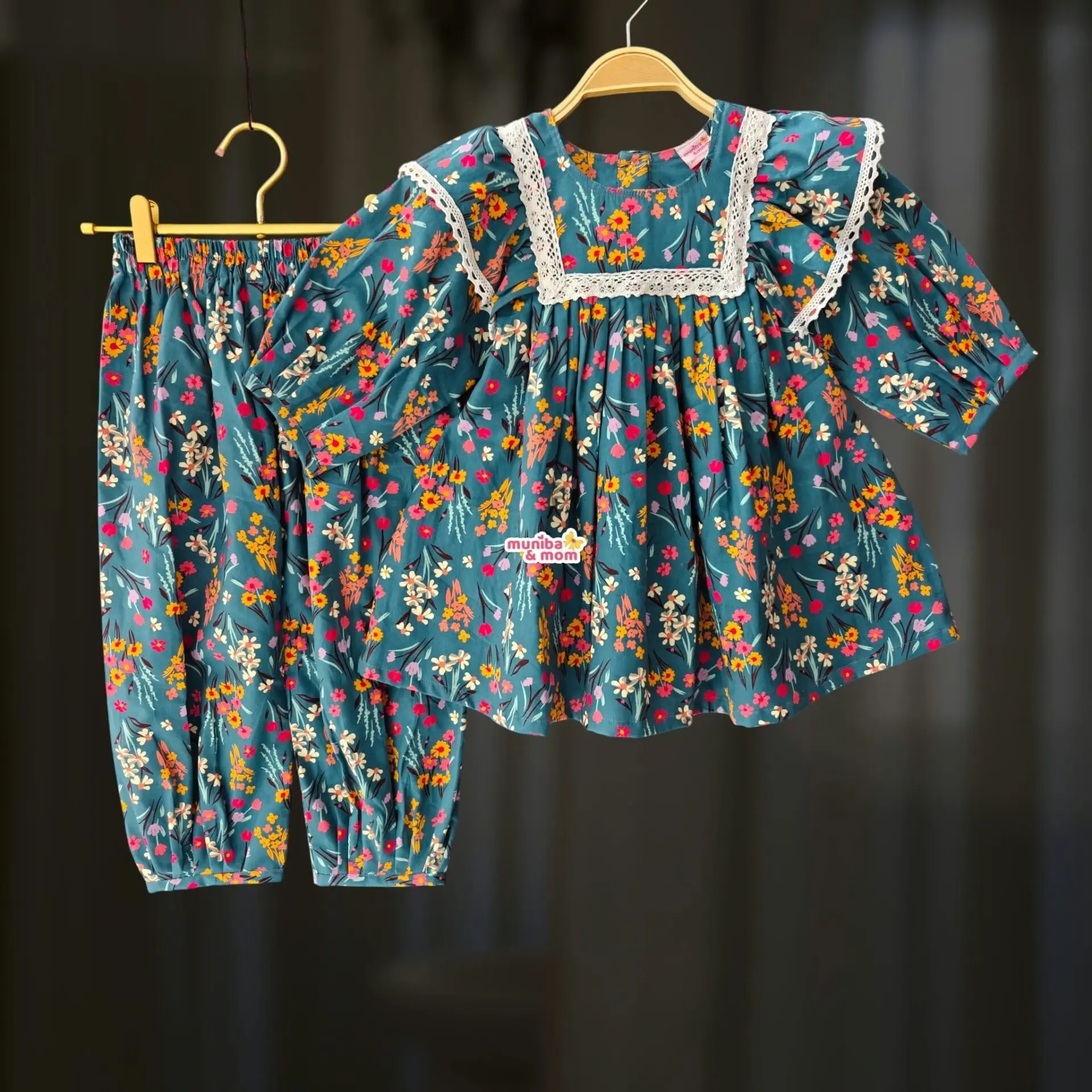 Dreamy Teal Flannel Cotton Frock Pant Set FL79T3