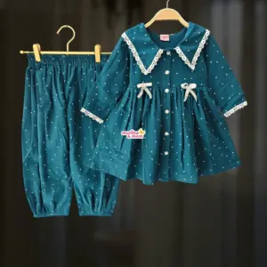 Teal polka Flannel Cotton Frock Pant Set FL80T1