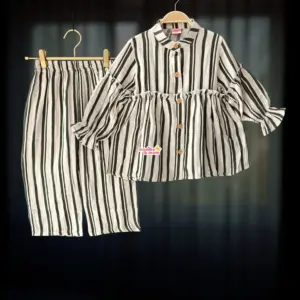 Olive striped muslin top-pant set M23T1