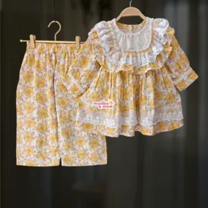 Muslin Yellow Daisy Cotton Frock-Pant Set MC12T2