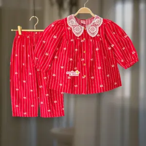 Red pookie flannel top-pant set M24T2