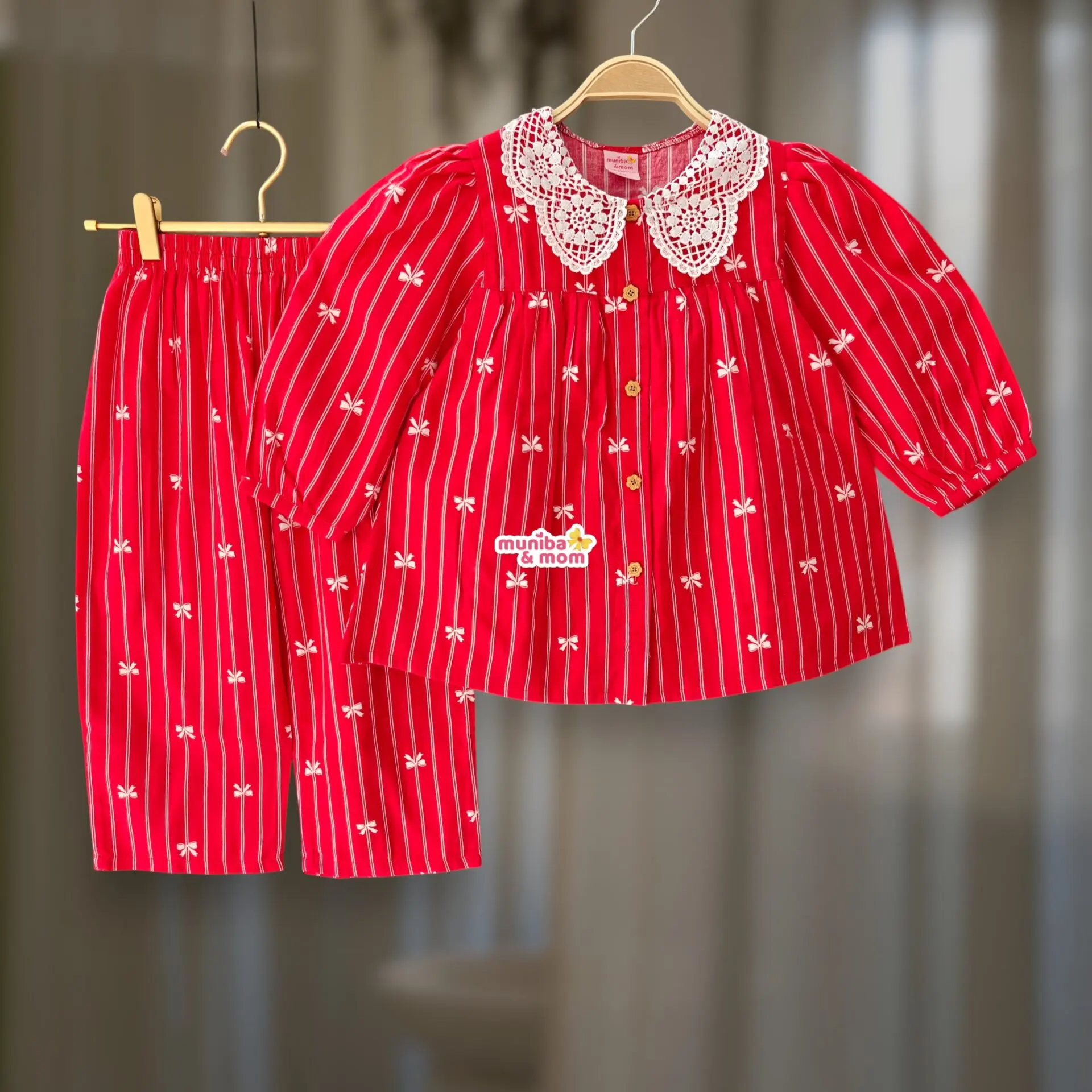 Red pookie flannel top-pant set M24T2