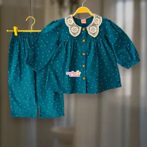 Teal polka flannel top-pant set M24T3